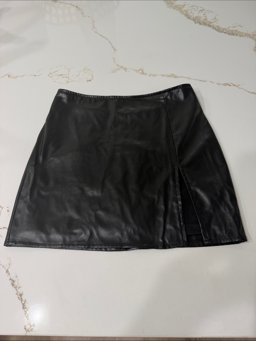 Fashion Nova Black Faux Leather Mini Skirt with Front Slit | XS